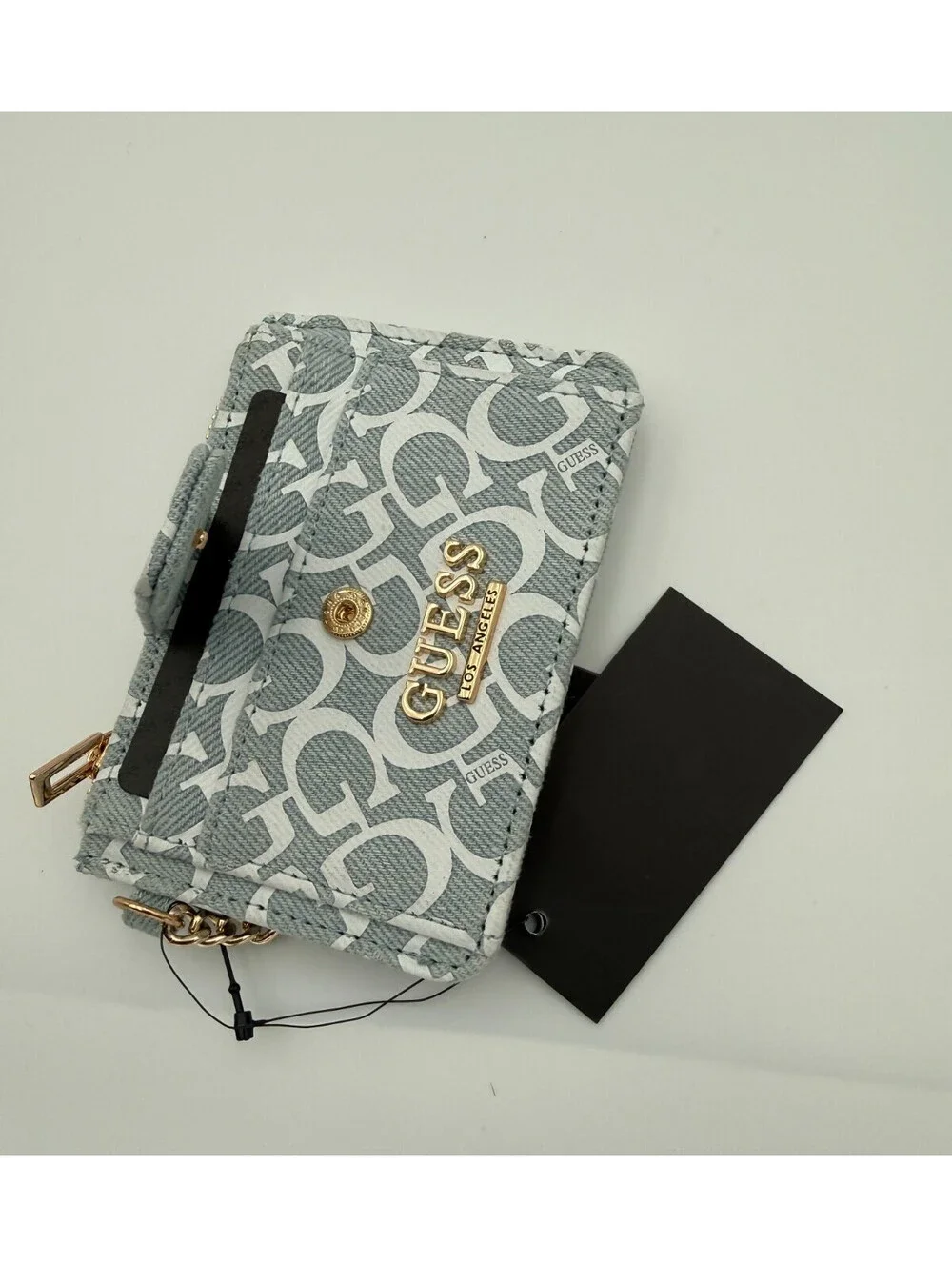 Guess Ebbie Foldover Zip Keychain Wallet Gray Logo Card Holder NWT 28GF031